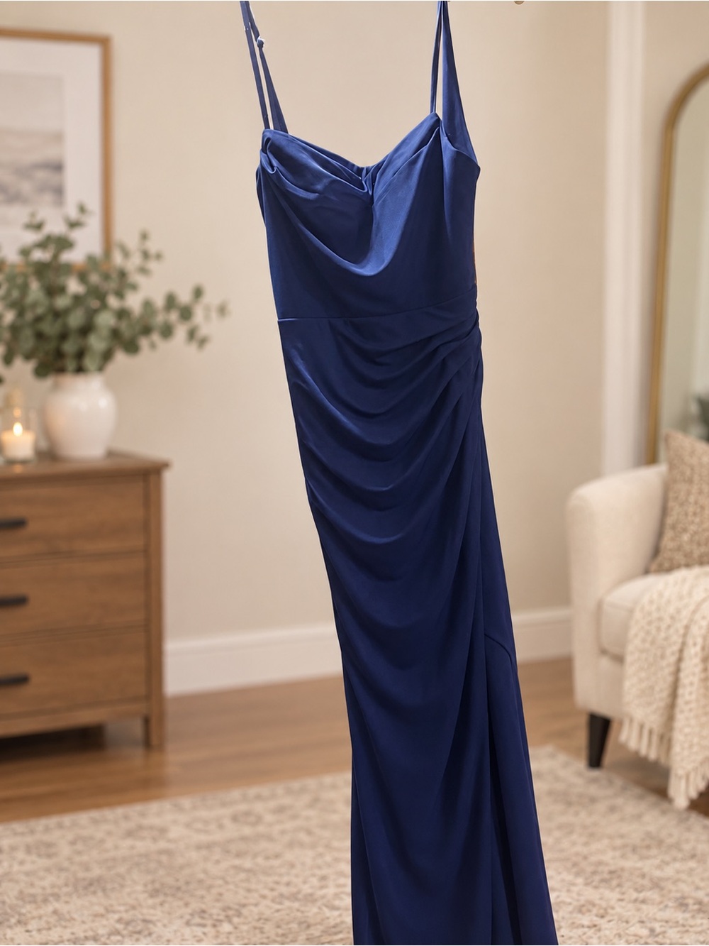 Azazie Royal Blue Draped Satin Slip Gown with Spaghetti Straps